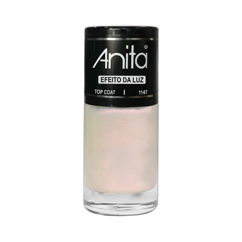 Frasco do Top Coat Anita Efeito da Luz com líquido perolado claro e tampa preta